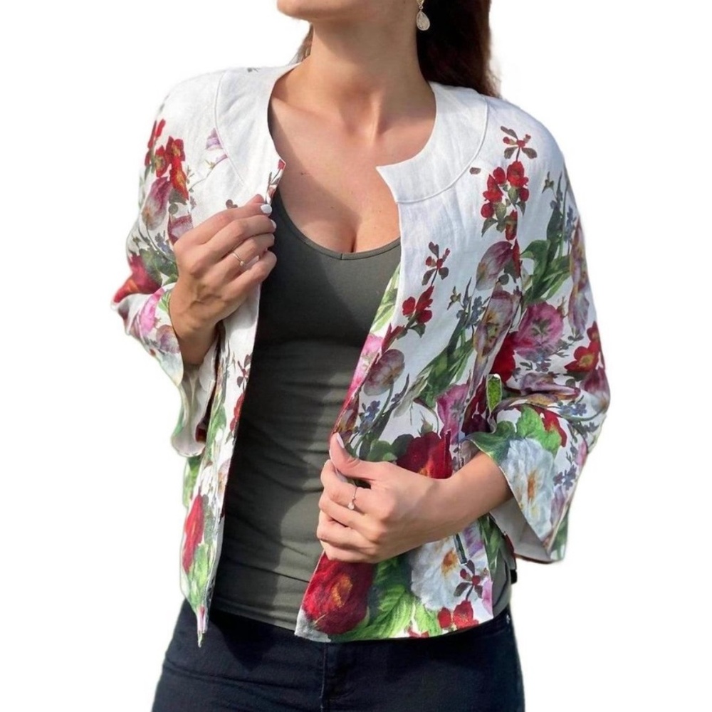 Eva Franco‎ Anthropologie Open Front Floral Rose 100% Linen Cardigan Size M